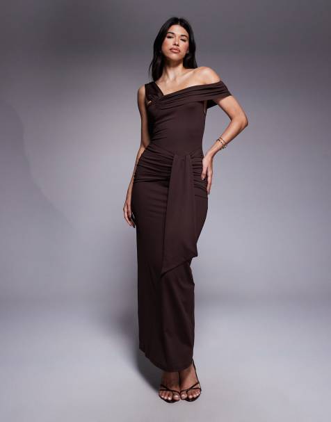 The Frolic Exclusive slinky bardot drape detail maxi dress in chocolate - view 1