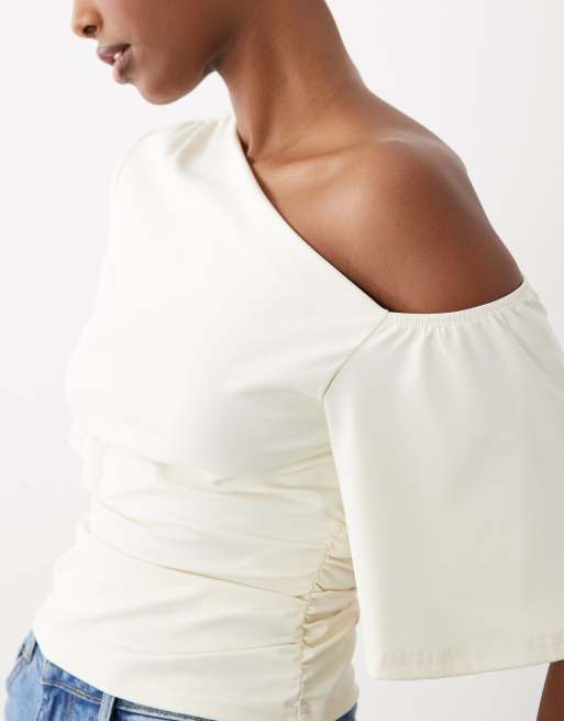 The Frolic exclusive slinky drape off shoulder top in cream, 3 of 4