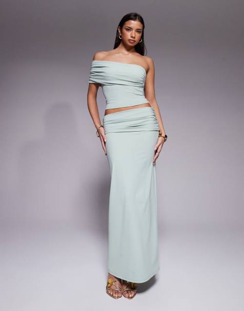 The Frolic exclusive slinky fold over asymmetric off shoulder top and maxi skirt co-ord in sage green - view 1
