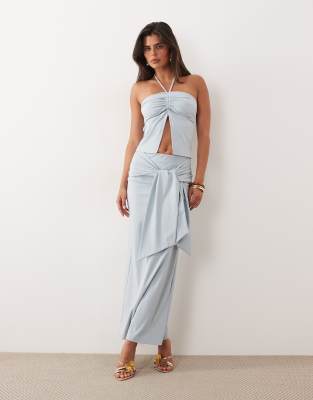 The Frolic Exclusive Slinky Halterneck Ruched Detail Split Front Top In Blue