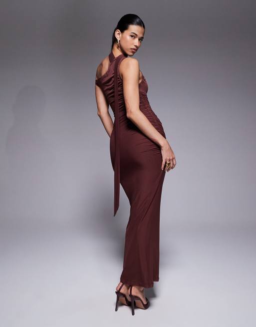 bodycon dress with neck scarf PrettyLittleThing Women's Scarf Detail Long Sleeve Bodycon Dress in Taupe