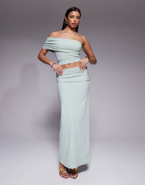 The Frolic exclusive slinky ruched foldover detail maxi skirt co-ord in sage green - view 1