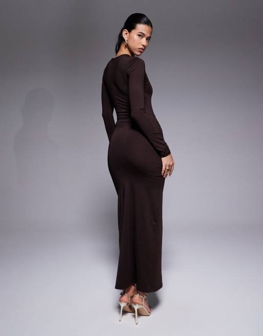 fishtail maxi dress Halter Deep V-Neck Elegant Dresses Draped cowl neckline with a trailing scarf detail that falls dramatically to the floor Solid Color Draped Collar And