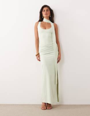 The Frolic Exclusive Slinky Wrap Scarf Drape Ruched Waist Detail Maxi Dress In Green