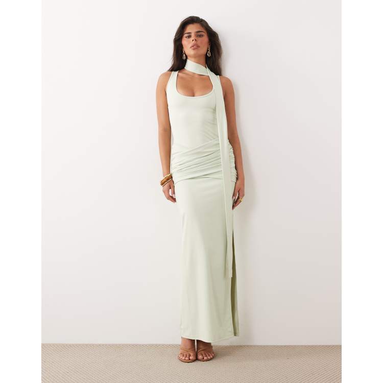 slinky ruched wrap maxi dress The Frolic exclusive slinky wrap scarf drape ruched waist detail maxi dress  in mint