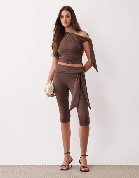 The Frolic exclusive slinkybasymmetric shoulder drape side top and capri trousers co-ord in chocolate - view 1