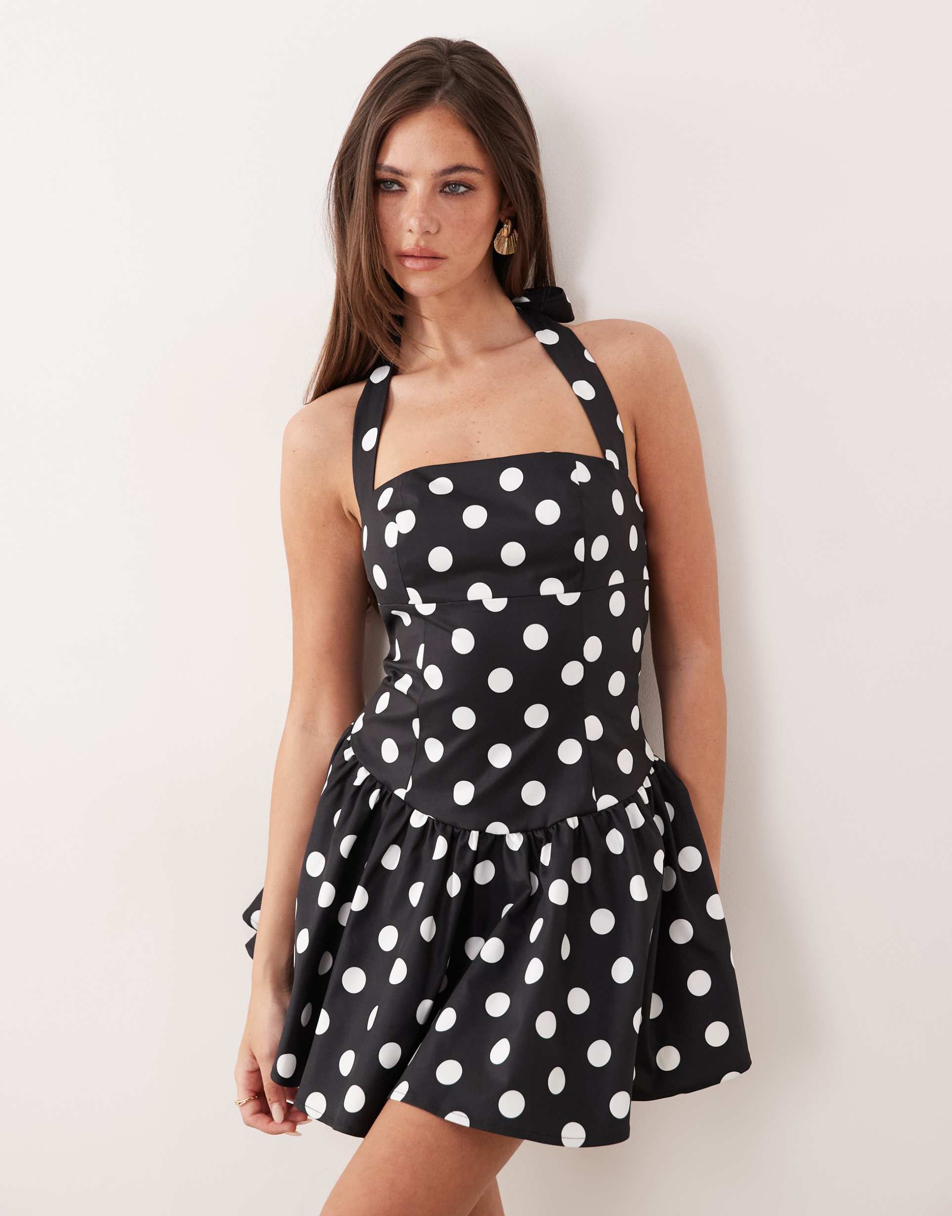the frolic exclusive square neck halter mini dress in black polka dot