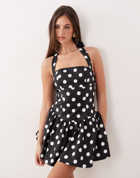 The Frolic exclusive square neck halter mini dress in black polka dot