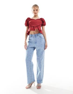 exclusive straight leg bow print jeans in light wash blue - part of a set-Multi