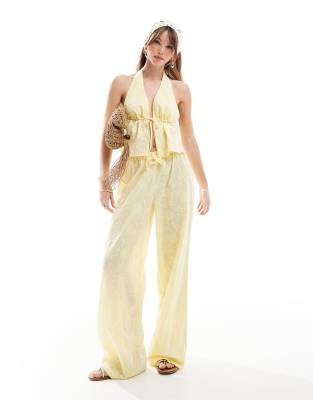 The Frolic The Frolic exclusive straight leg tie waist embroidered beach trouser co-ord in lemon yellow