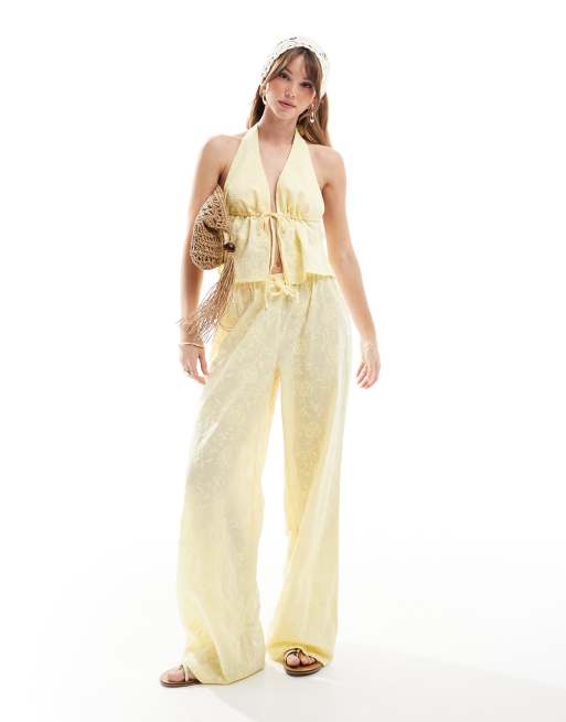 The Frolic exclusive straight leg tie waist embroidered beach trouser co-ord in lemon yellow  