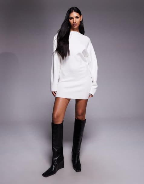 The Frolic exclusive straight neck ribbed knit balloon sleeve mini sweater dress in cream - view 1