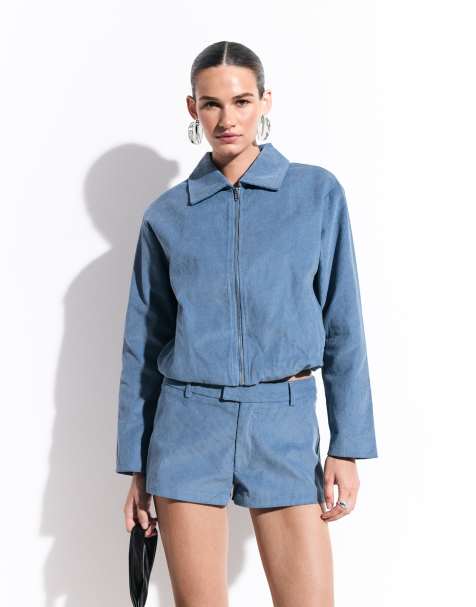 The Frolic exclusive suede look harrington jacket and shorts set in blue - view 1