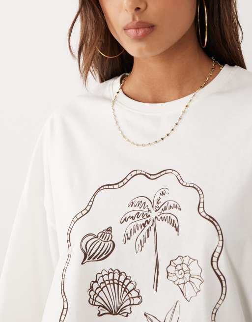 The Frolic exclusive summer beach graphic front oversized T-shirt in cream, 3 of 4