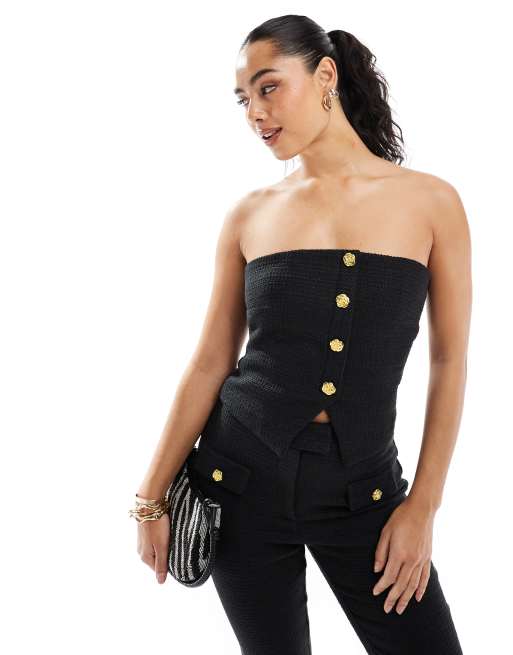 The Frolic exclusive tailored boucle bandeau split front gold flower button detail top in black - part of a set  