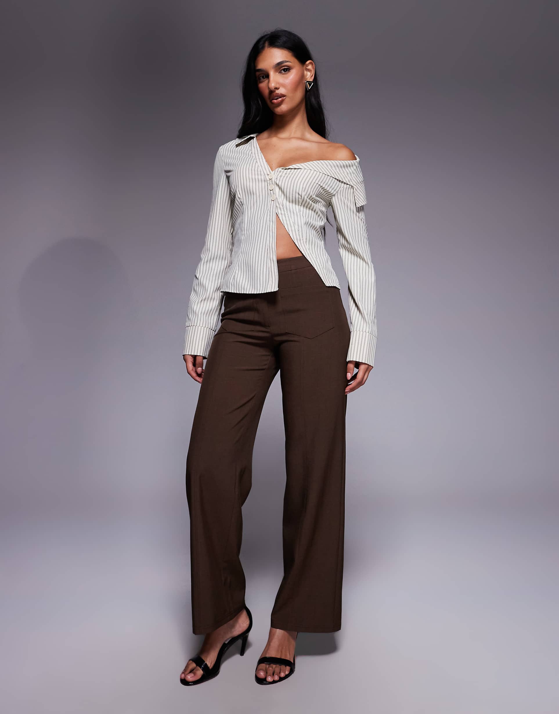 the frolic exclusive tailored pocket front seam detail mid waist straight leg pants in chocolate