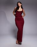 [The Frolic] The Frolic exclusive textured frill detail lace up open back detail maxi dress in burgundy 12 BURGUNDY