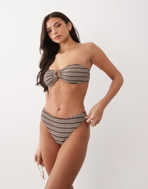 The Frolic exclusive textured high leg brazillian bikini bottoms in brown & cream stripe (part of a set) - view 1