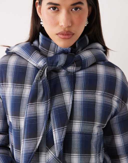 The Frolic exclusive tie front detail hooded puffer jacket in navy check, 2 of 4