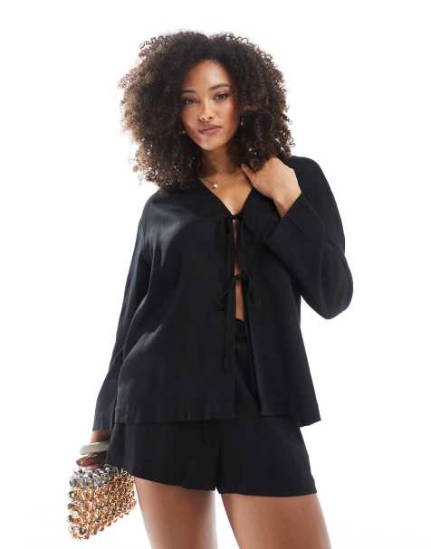 The Frolic exclusive tie front linen blend beach shirt in black - part of a set - view 1