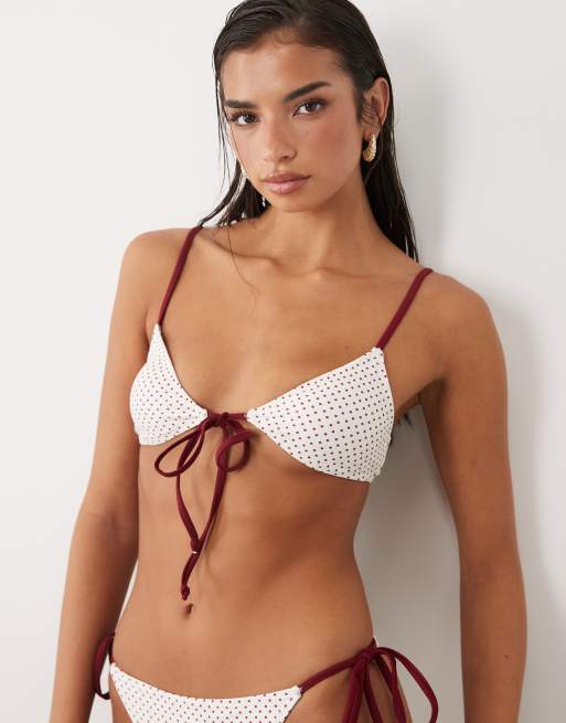 The Frolic exclusive tie front triangle bikini in cream & red polka dot, 2 of 3