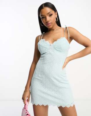 exclusive tie shoulder cami mini dress with cup detail in sky blue lace