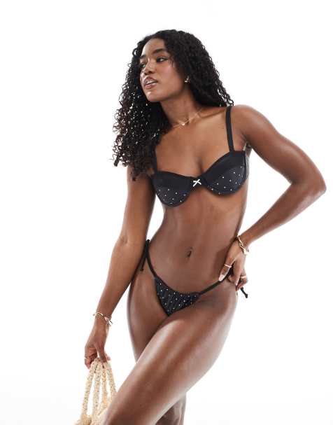 The Frolic exclusive tie side bikini bottoms in black polka dot - part of a set - view 1
