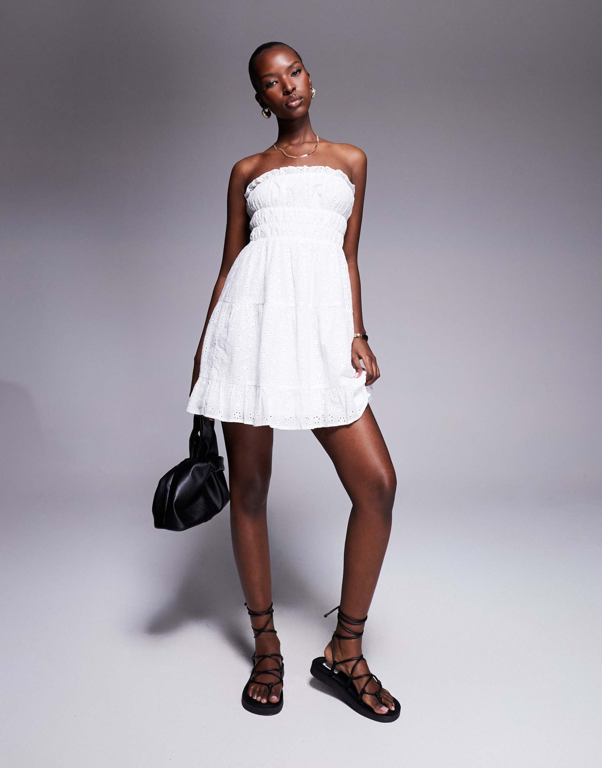 the frolic exclusive tiered bandeau eyelet mini dress in white
