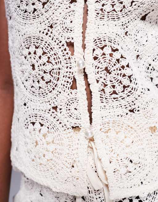 The Frolic exclusive tile crochet tie front beach top co-ord in cream, 2 of 4