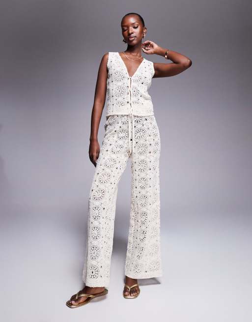 The Frolic exclusive tile crochet tie front beach top co-ord in cream, 3 of 4