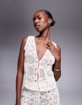 [The Frolic] The Frolic exclusive tile crochet tie front beach top in cream (part of a set)-White 34 CREAM