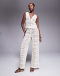 [The Frolic] The Frolic exclusive tile crochet wide leg beach pants in cream (part of a set)-White 40 CREAM