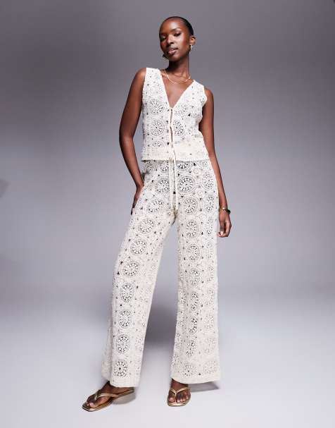 The Frolic exclusive tile crochet wide leg beach trouser co-ord in cream - view 1