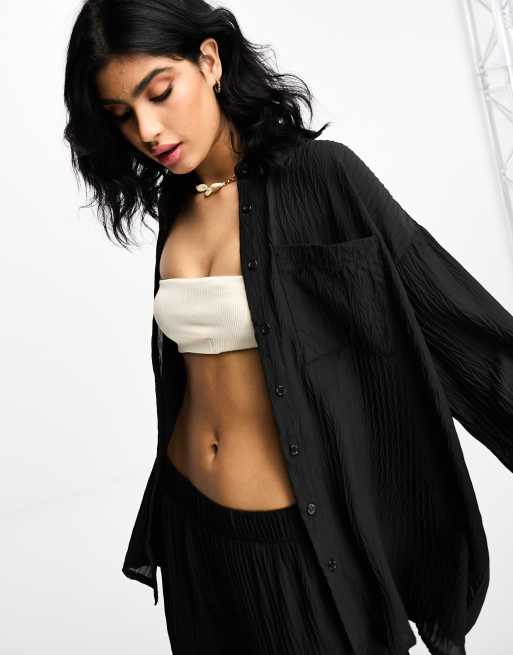 The Frolic exclusive Tourmaline shirred long sleeve top in black pleated texture (part of a set)   