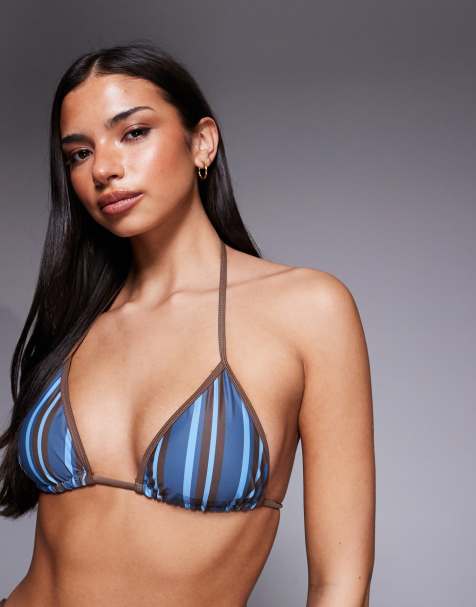 The Frolic Exclusive triangle halterneck bikini top and Brazilian bikini bottoms set in blue & chocolate stripe - view 1