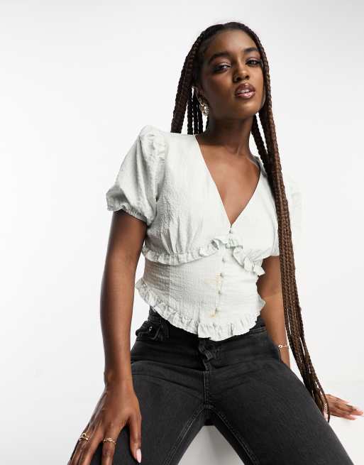 The Frolic exclusive v-neck button front puff sleeve blouse in blue gingham   