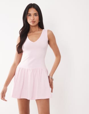 The Frolic Exclusive V Neck Dropped Waist Mini Dress In Pink