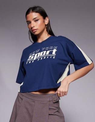 The Frolic Exclusive V Neck Graphic Front Contrast Yellow Trim Cropped Soccer Jersey In Blue