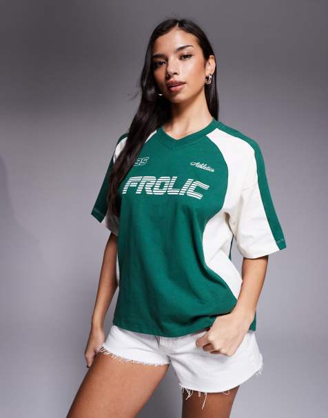 The Frolic exclusive v neck logo front soccer jersey T-shirt in green & white - view 1