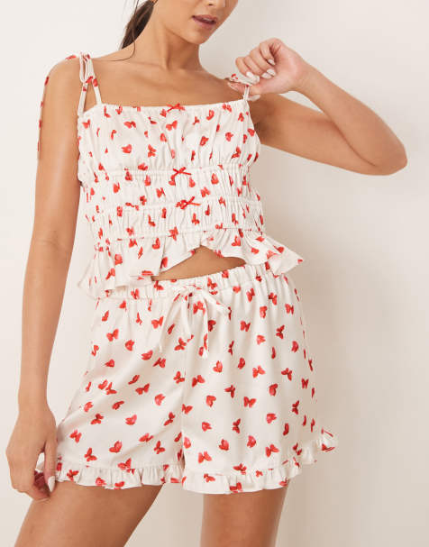 The Frolic exclusive Valentines Sadie gathered panel satin cami pyjama top with frill hem and pyjama shorts in butterfly - view 1