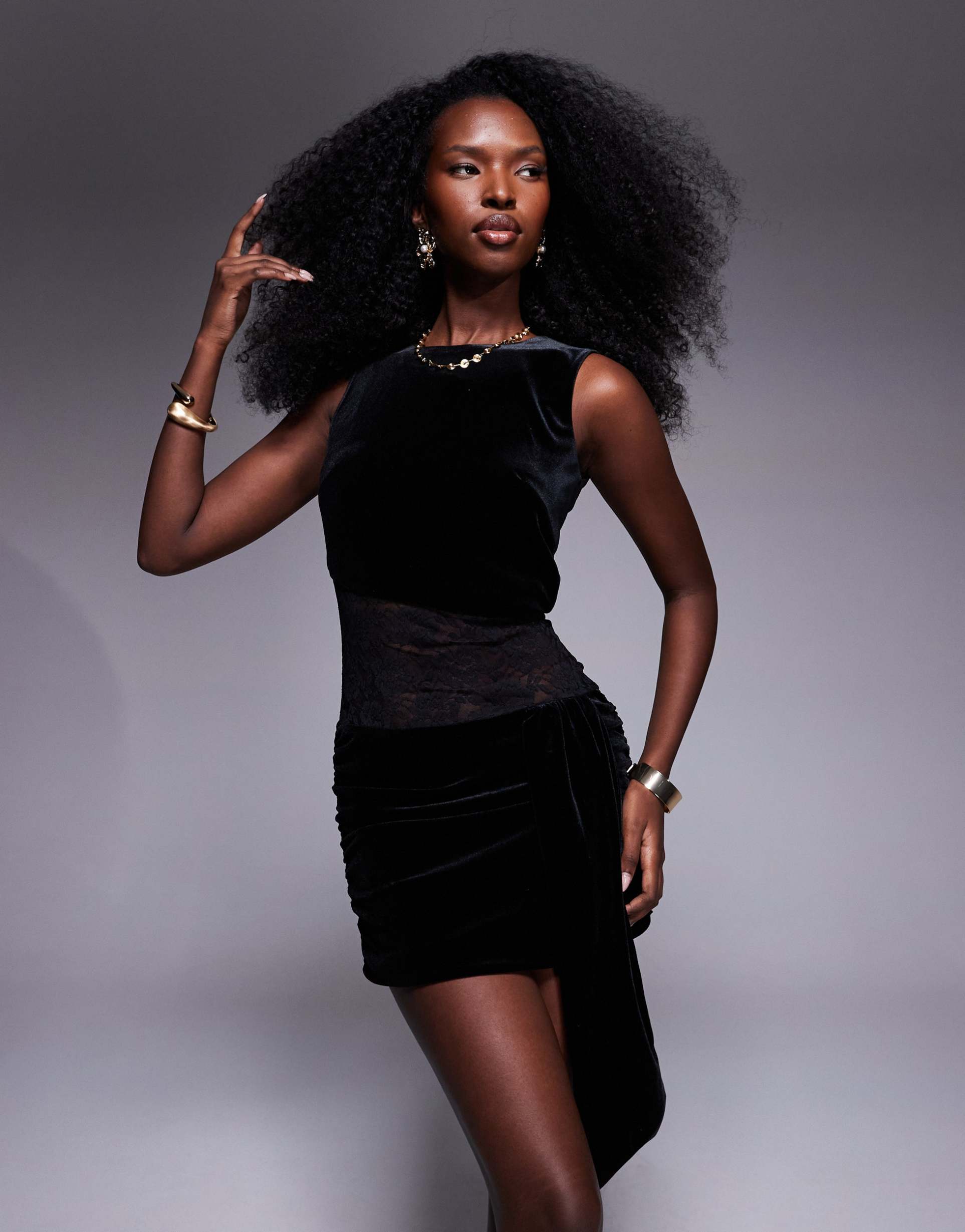 the frolic exclusive velvet and lace sleeveless drape detail mini dress in black