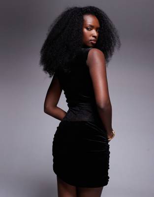 The Frolic Exclusive Velvet And Lace Sleeveless Drape Detail Mini Dress In Black