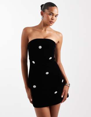 The Frolic Exclusive Velvet Embellished Bandeau Mini Dress In Black