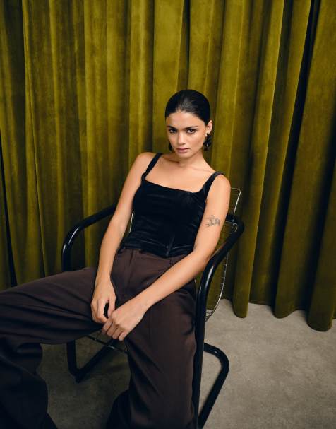 The Frolic exclusive velvet square neck top co-ord in black - view 1