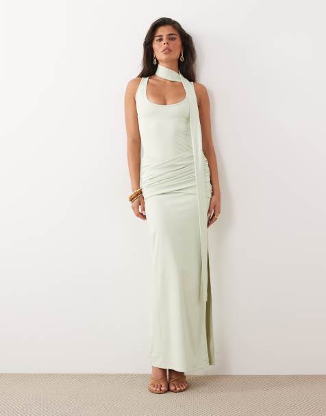 The Frolic Exclusive - Vestido largo verde menta ceñido con cintura fruncida y fular cruzado - view 1