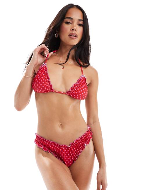 The Frolic - Exclusives - Bikinitopje met geschulpte rand en halternek in rood met roze stippen print, deel van co-ord set  