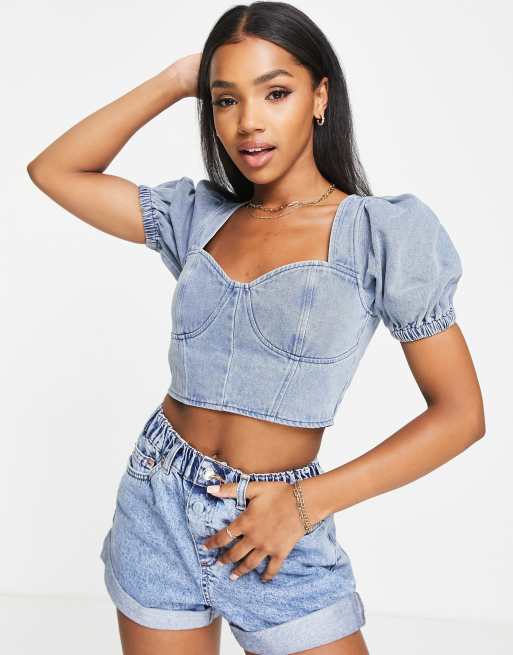 The Frolic - Exclusives - Denim korset met pofmouwen in blauw 
