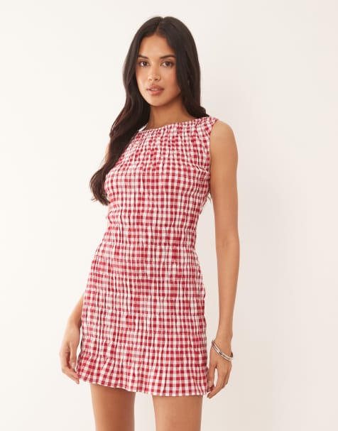 The Frolic - Exclusives - Gesmokte mouwloze mini jurk van katoenmix in rode gingham ruit - view 1