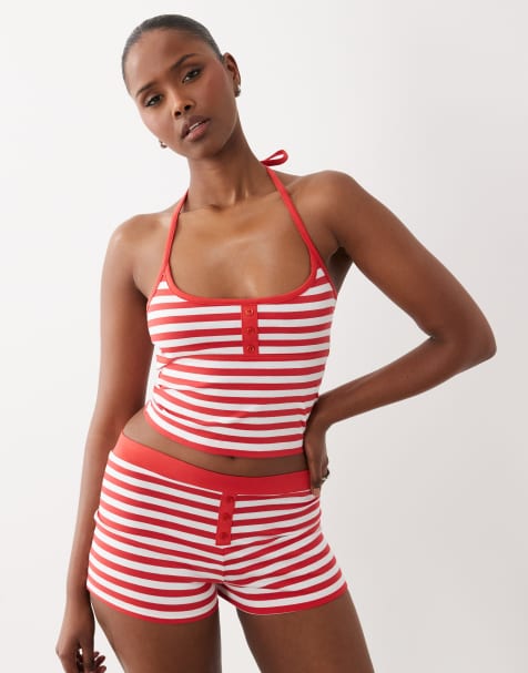 The Frolic - Exclusives - Gestreepte top met halternek en knoopsluiting in rood en wit, deel van co-ord set - view 1