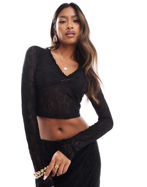 The Frolic - Exclusives - Kanten top met V-hals en lange mouwen in zwart, deel van co-ord set   